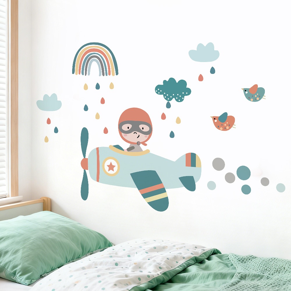 Decal Dán Tường Phi Công Nhí Du Hành Bầu Trời Có Keo Sẵn 143x90cm - Trang Trí Phòng Ngủ