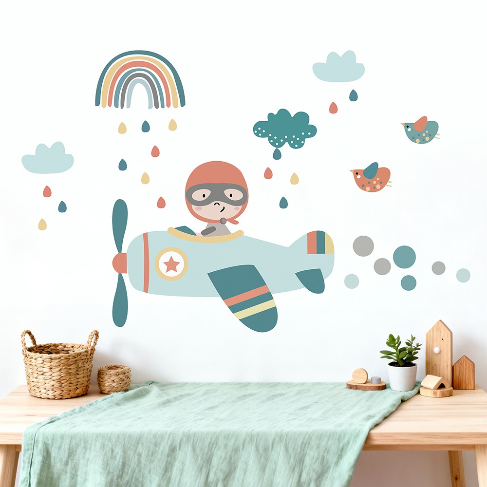 Decal Dán Tường Phi Công Nhí Du Hành Bầu Trời Có Keo Sẵn 143x90cm - Trang Trí Phòng Ngủ