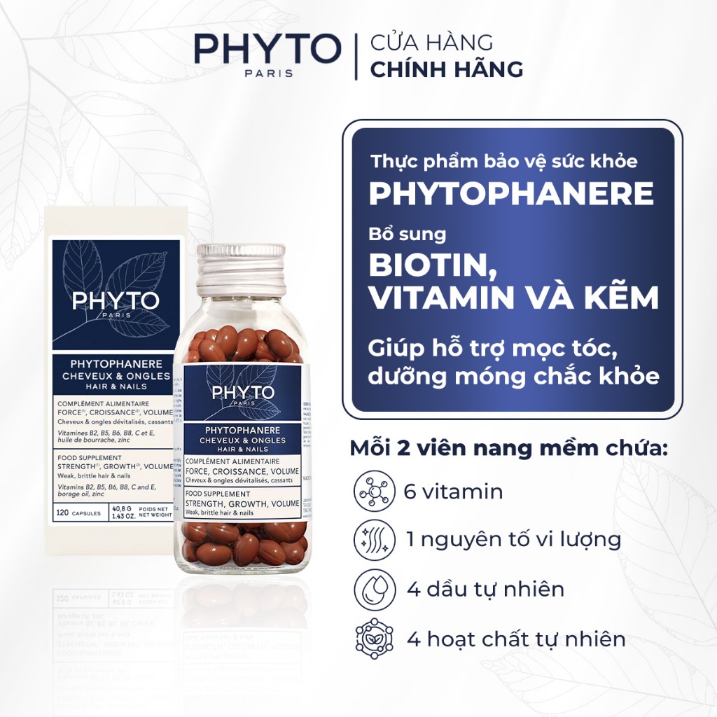 Thực phẩm bảo vệ sức khỏe PHYTO Phanere - Bổ sung Biotin, kẽm giúp hỗ trợ mọc tóc, dưỡng móng chắc khỏe (Hộp120 viên)