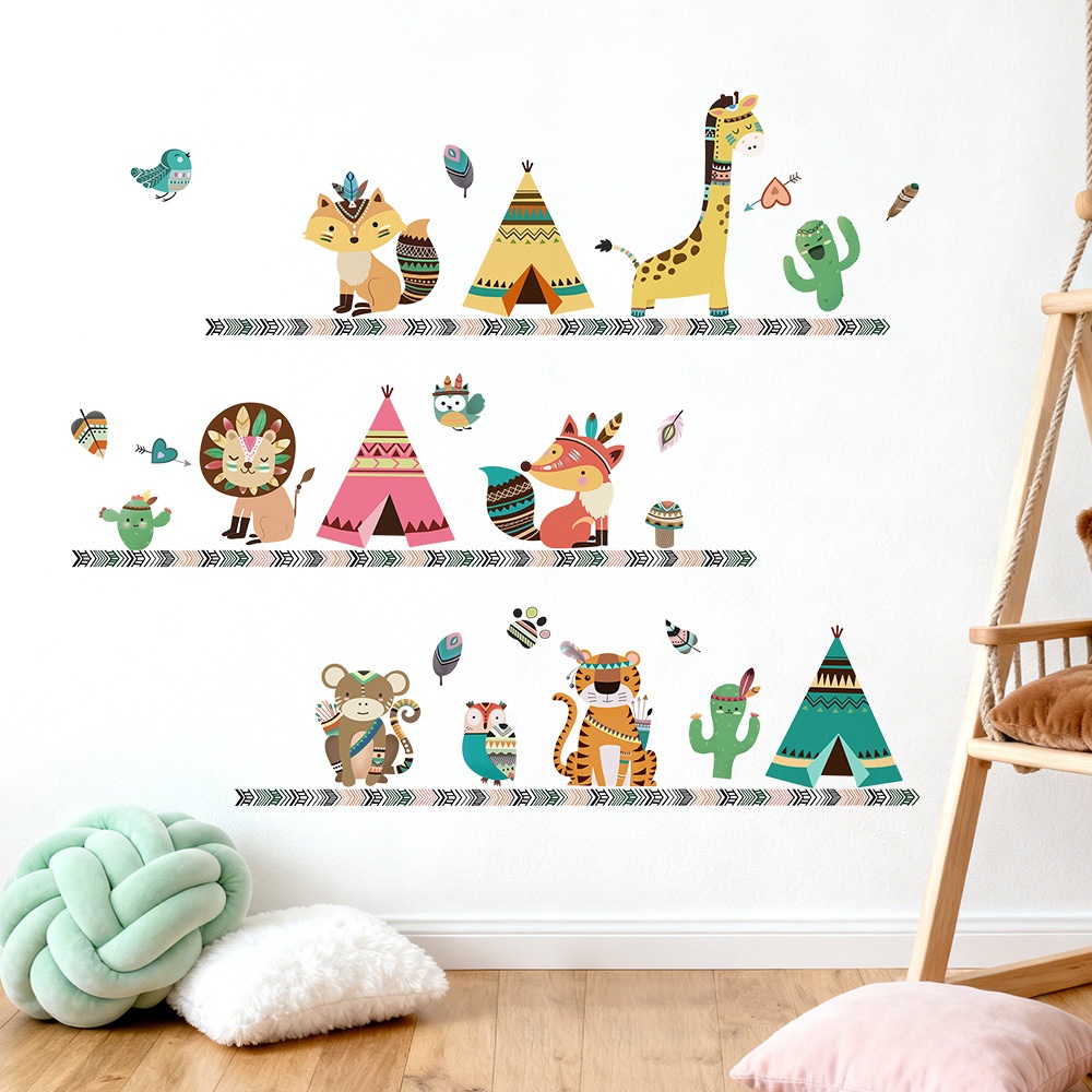 Decal Dán Tường Thế Giới Động Vật Boho Có Keo Sẵn 106x90cm - Trang Trí Không Gian Phòng Ngủ Cho Bé