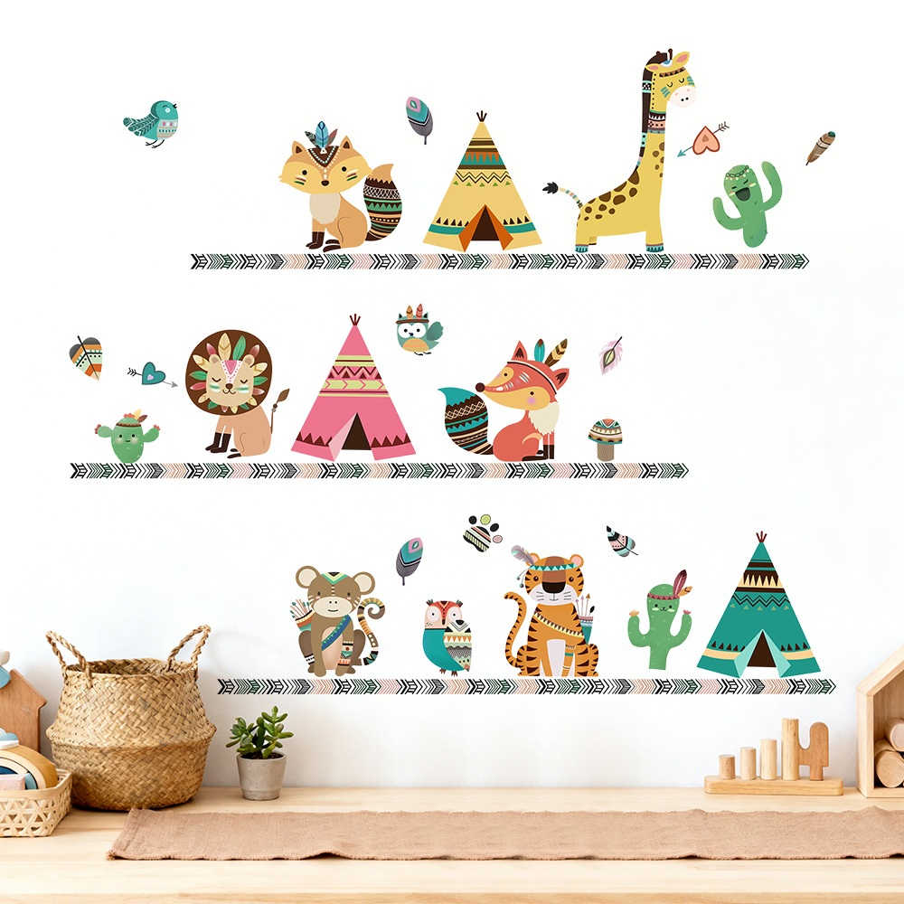 Decal Dán Tường Thế Giới Động Vật Boho Có Keo Sẵn 106x90cm - Trang Trí Không Gian Phòng Ngủ Cho Bé
