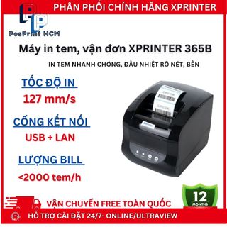 Máy in tem nhãn, vận đơn XPRINTER 365B khổ A7 kết nối USB+LAN, máy in đơn hàng kết nối điện thoại mạng LAN, in đơn TMĐT
