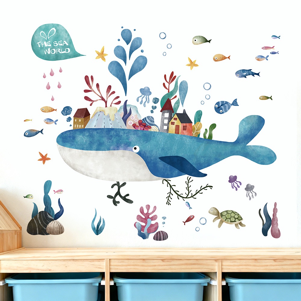 Decal Dán Tường Cá Voi Và Đại Dương Kỳ Diệu Có Keo Sẵn 100x84cm - Trang Trí Góc Học Tập Phòng Ngủ