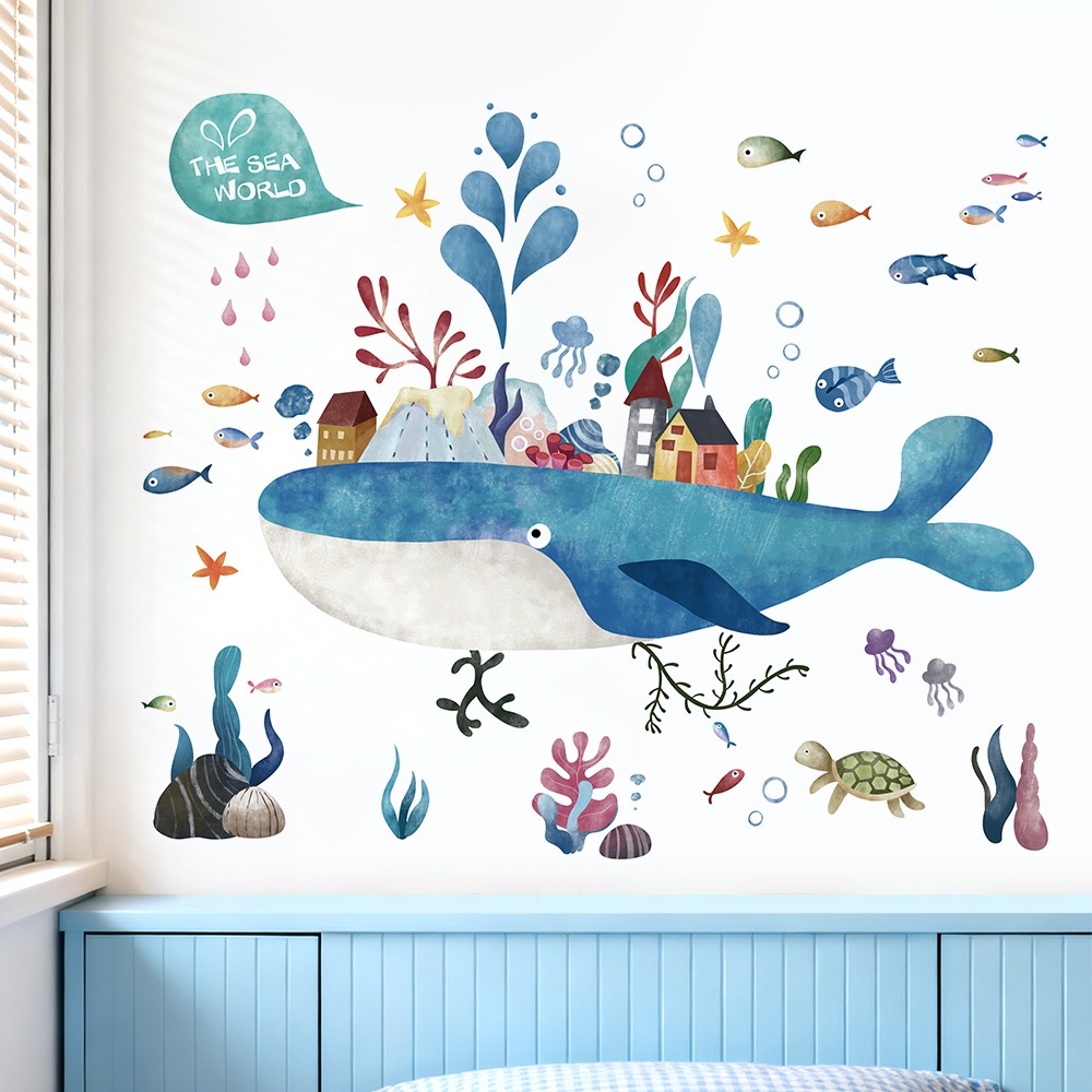 Decal Dán Tường Cá Voi Và Đại Dương Kỳ Diệu Có Keo Sẵn 100x84cm - Trang Trí Góc Học Tập Phòng Ngủ