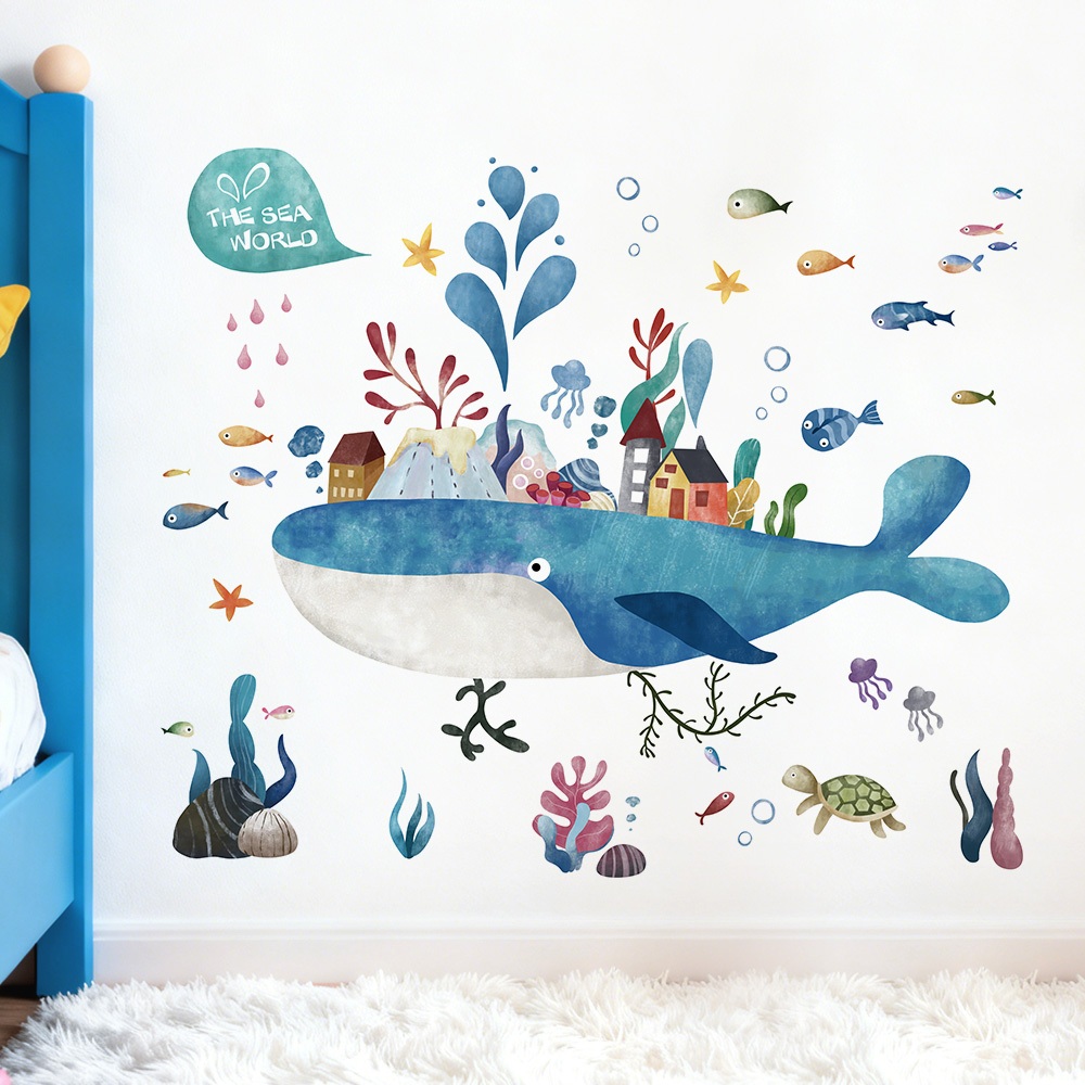 Decal Dán Tường Cá Voi Và Đại Dương Kỳ Diệu Có Keo Sẵn 100x84cm - Trang Trí Góc Học Tập Phòng Ngủ