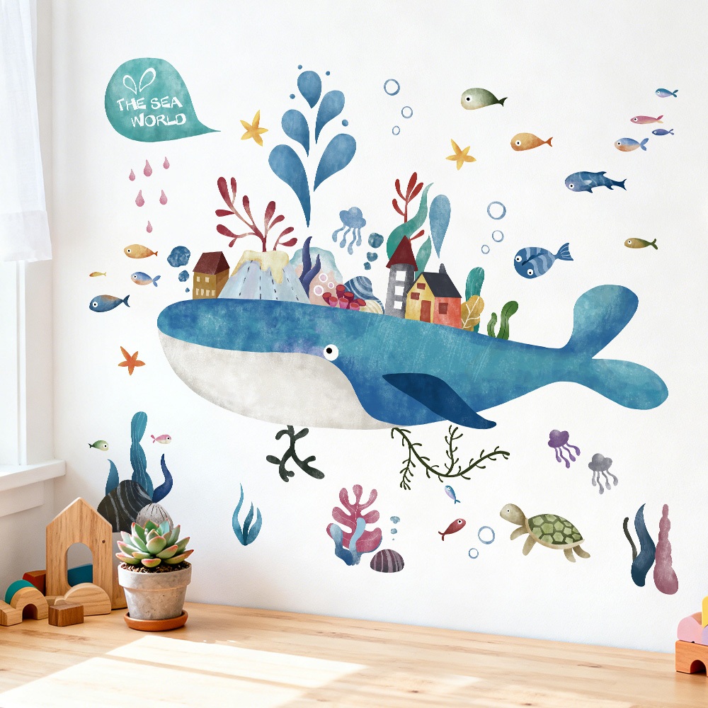 Decal Dán Tường Cá Voi Và Đại Dương Kỳ Diệu Có Keo Sẵn 100x84cm - Trang Trí Góc Học Tập Phòng Ngủ