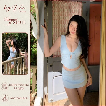 Set xanh nước biển đồ đi chơi áo cổ V nơ Sky Bow Set, Set đồ đi biển hè xinh đi chơi