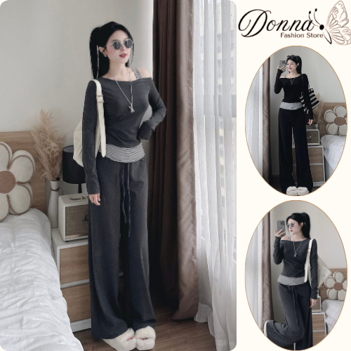 Set đồ nữ, đồ bộ nữ DONNA HCOM26742 áo trễ vai mix quần suông trẻ trung, năng động