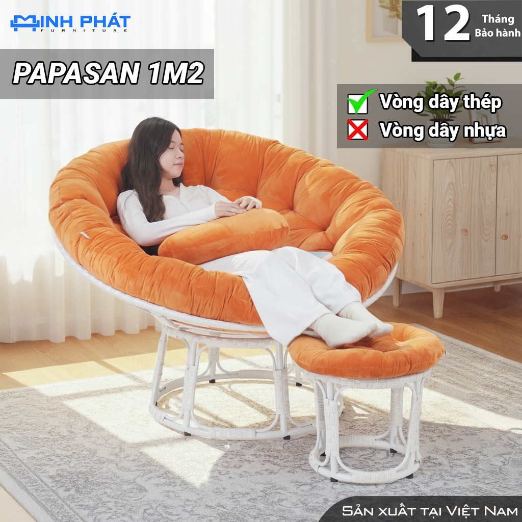 Ghế lười thư giãn papasan giả mây khung thép Minh Phát phiến bản nâng cấp vòng dây 100% lõi thép siêu chắc chắn