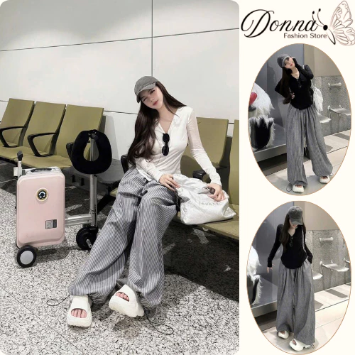 Set đồ nữ, đồ bộ nữ DONNA HCOM26773 áo dài tay cổ V mix quần suông bồng dáng thể thao trẻ trung