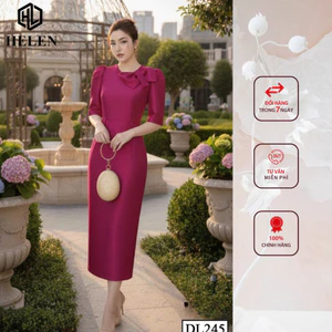 Đầm công sở HELEN thiết kế dáng ôm tapta hồng phối nơ vai DL245
