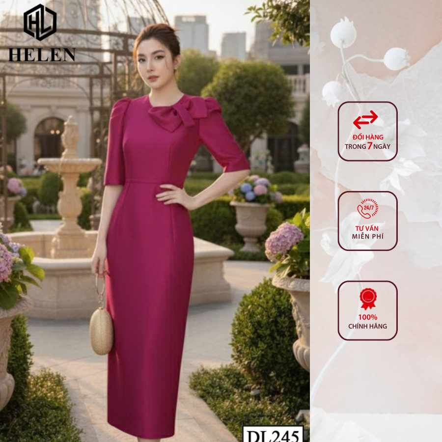 Đầm công sở HELEN thiết kế dáng ôm tapta be phối nơ vai DL246