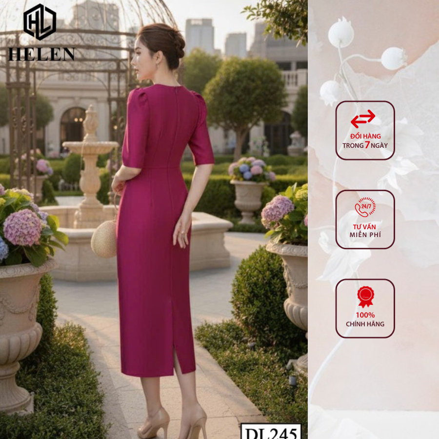 Đầm công sở HELEN thiết kế dáng ôm tapta hồng phối nơ vai DL245