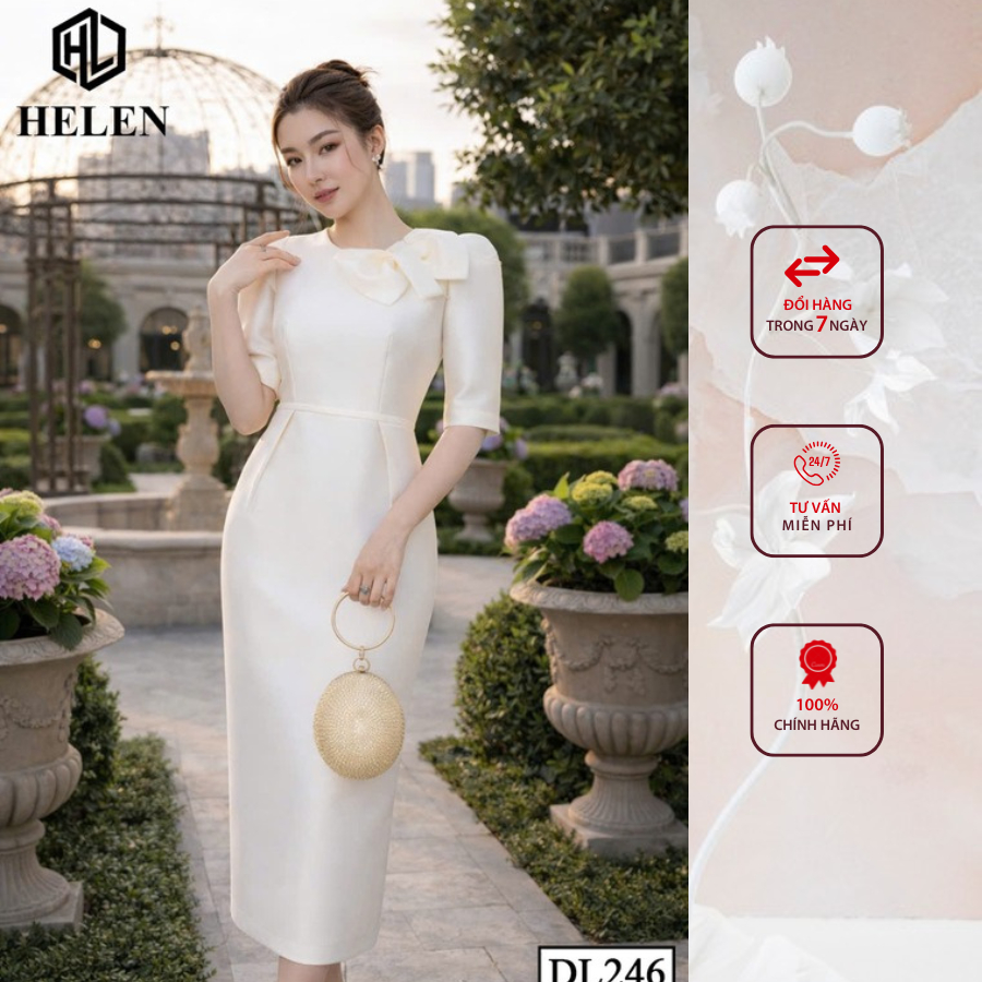 Đầm công sở HELEN thiết kế dáng ôm tapta be phối nơ vai DL246
