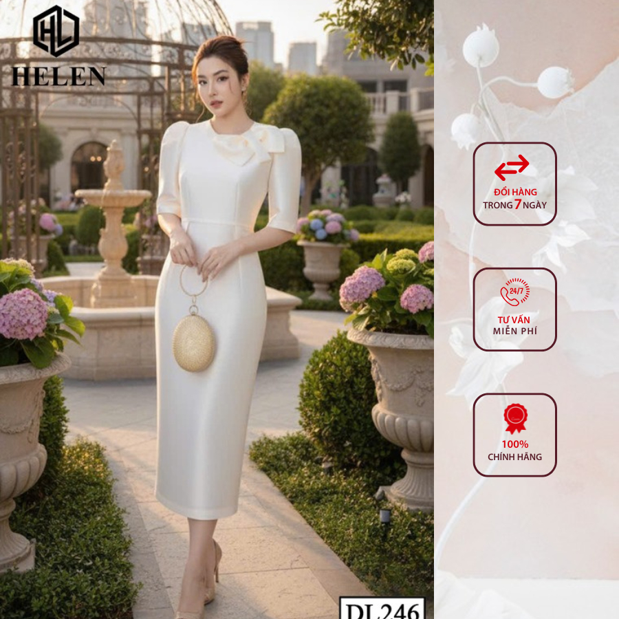 Đầm công sở HELEN thiết kế dáng ôm tapta be phối nơ vai DL246