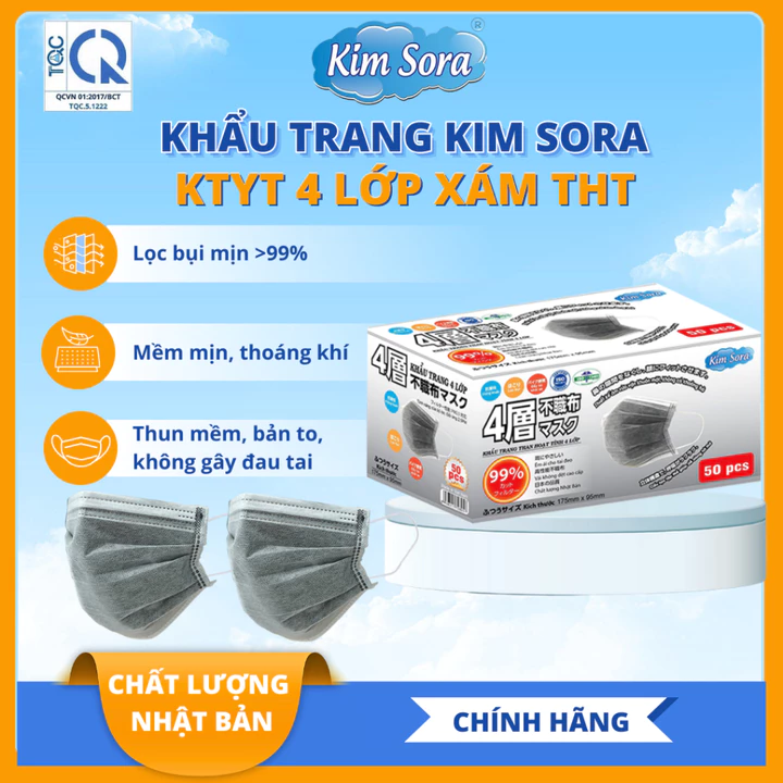 Khẩu trang y tế 4 lớp than hoạt tính Kim Sora - 50 cái/ hộp
