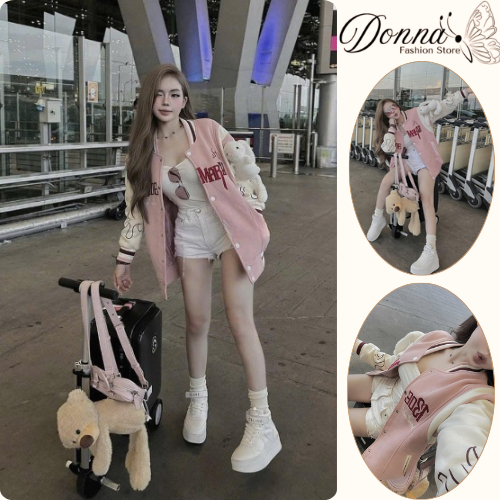Áo khoác nữ DONNA HCOM3597 bomber phối 2 màu hồng trắng xinh xắn, trẻ trung