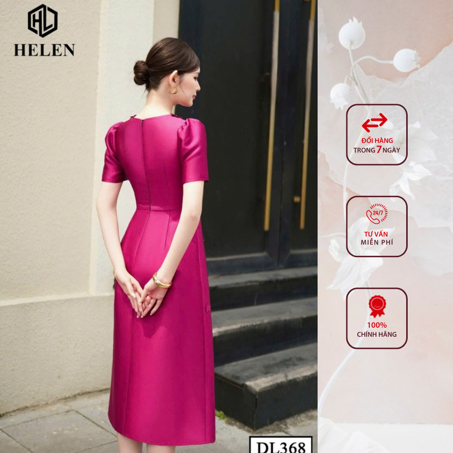 Đầm công sở HELEN thiết kế dáng xòe tapta hồng đính hoa cổ DL368
