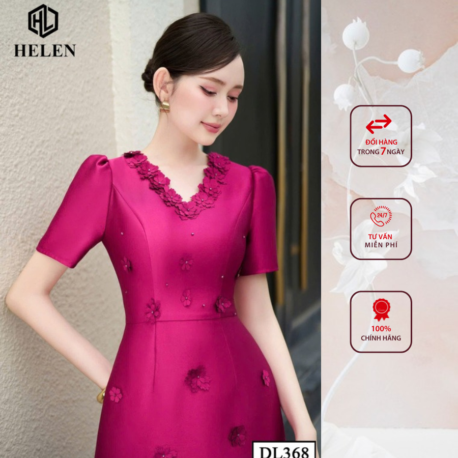 Đầm công sở HELEN thiết kế dáng xòe tapta hồng đính hoa cổ DL368