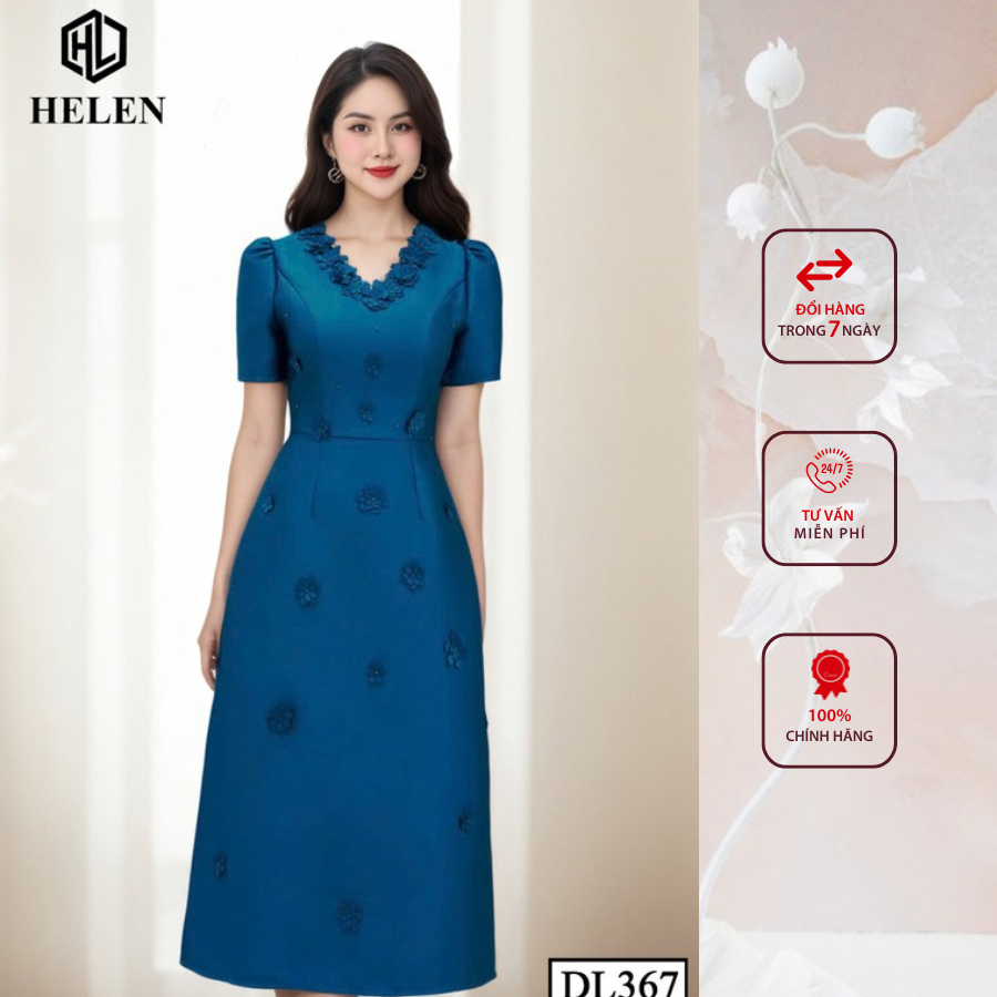 Đầm công sở HELEN thiết kế dáng xòe tapta hồng đính hoa cổ DL368