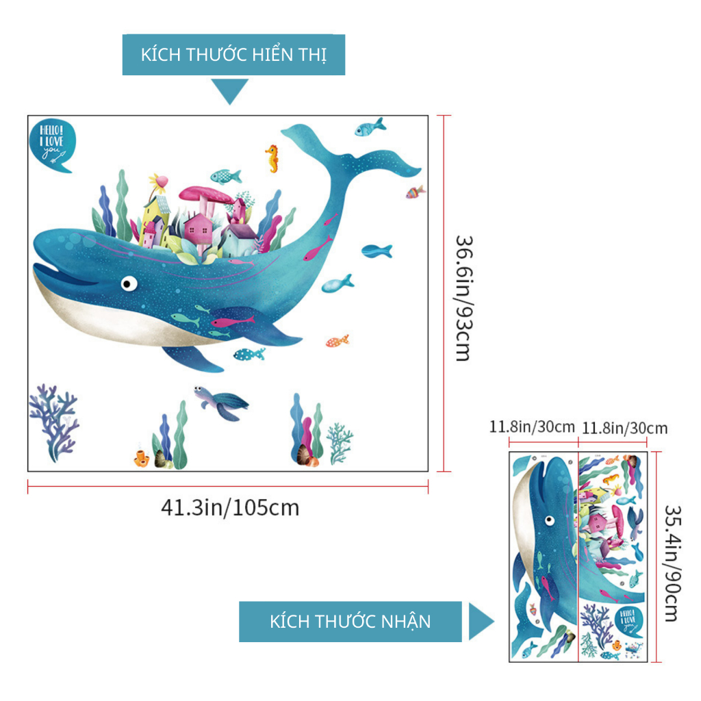 Decal Dán Tường Cá Voi Đại Dương Có Keo Sẵn 105x93cm - Trang Trí Không Gian Cho Bé