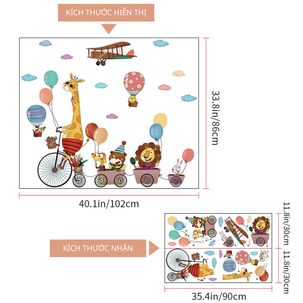 Decal Dán Tường Động Vật Khám Phá Thế Giới Khinh Khí Cầu Có Keo Sẵn 118x125cm - Trang Trí Phòng Ngủ