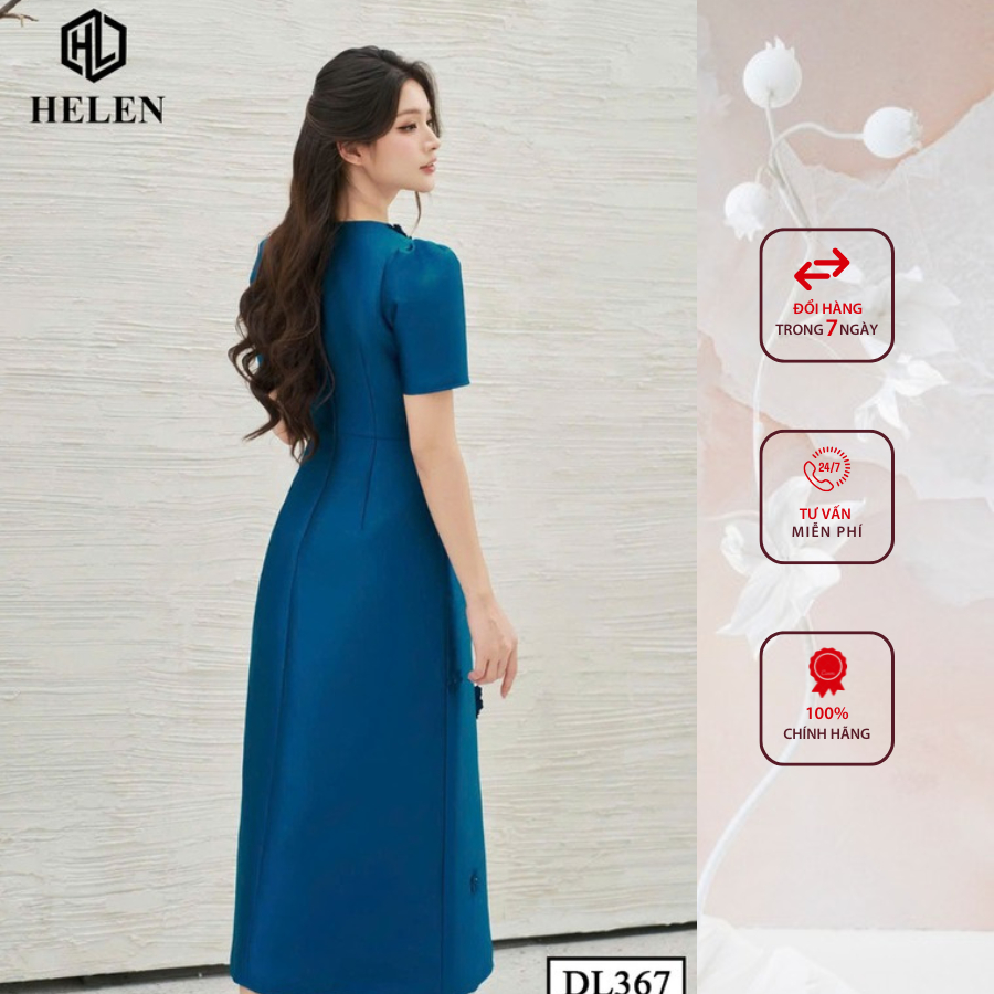 Đầm công sở HELEN thiết kế dáng xòe tapta xanh đính hoa cổ DL367