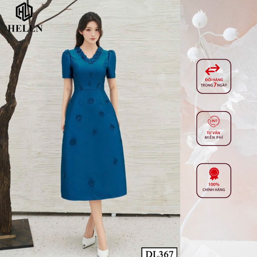 Đầm công sở HELEN thiết kế dáng xòe tapta xanh đính hoa cổ DL367