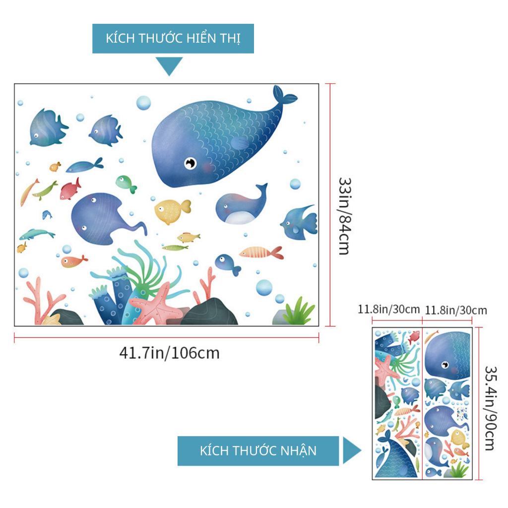 Decal Dán Tường Đàn Cá Dưới Lòng Đại Dương Có Keo Sẵn 106x84cm – Trang Trí Phòng Cho Bé