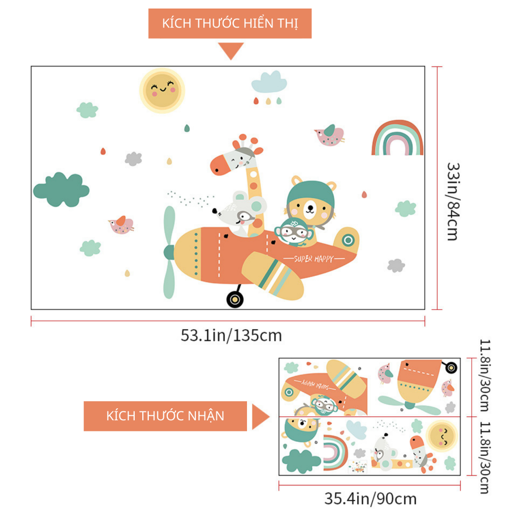 Decal Dán Tường Động Vật Lái Máy Bay Có Keo Sẵn 135x84cm – Trang Trí Phòng Bé Đáng Yêu Ngộ Nghĩnh