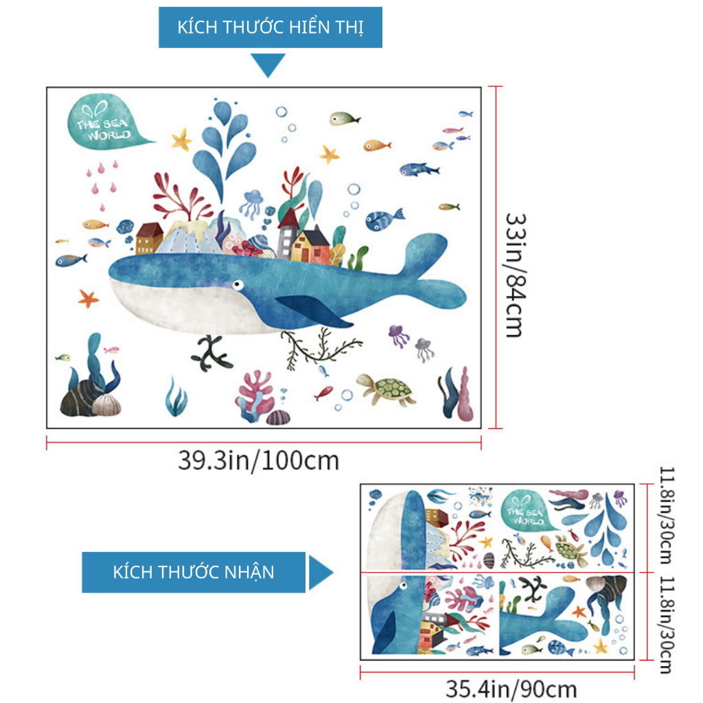 Decal Dán Tường Cá Voi Và Đại Dương Kỳ Diệu Có Keo Sẵn 100x84cm - Trang Trí Góc Học Tập Phòng Ngủ