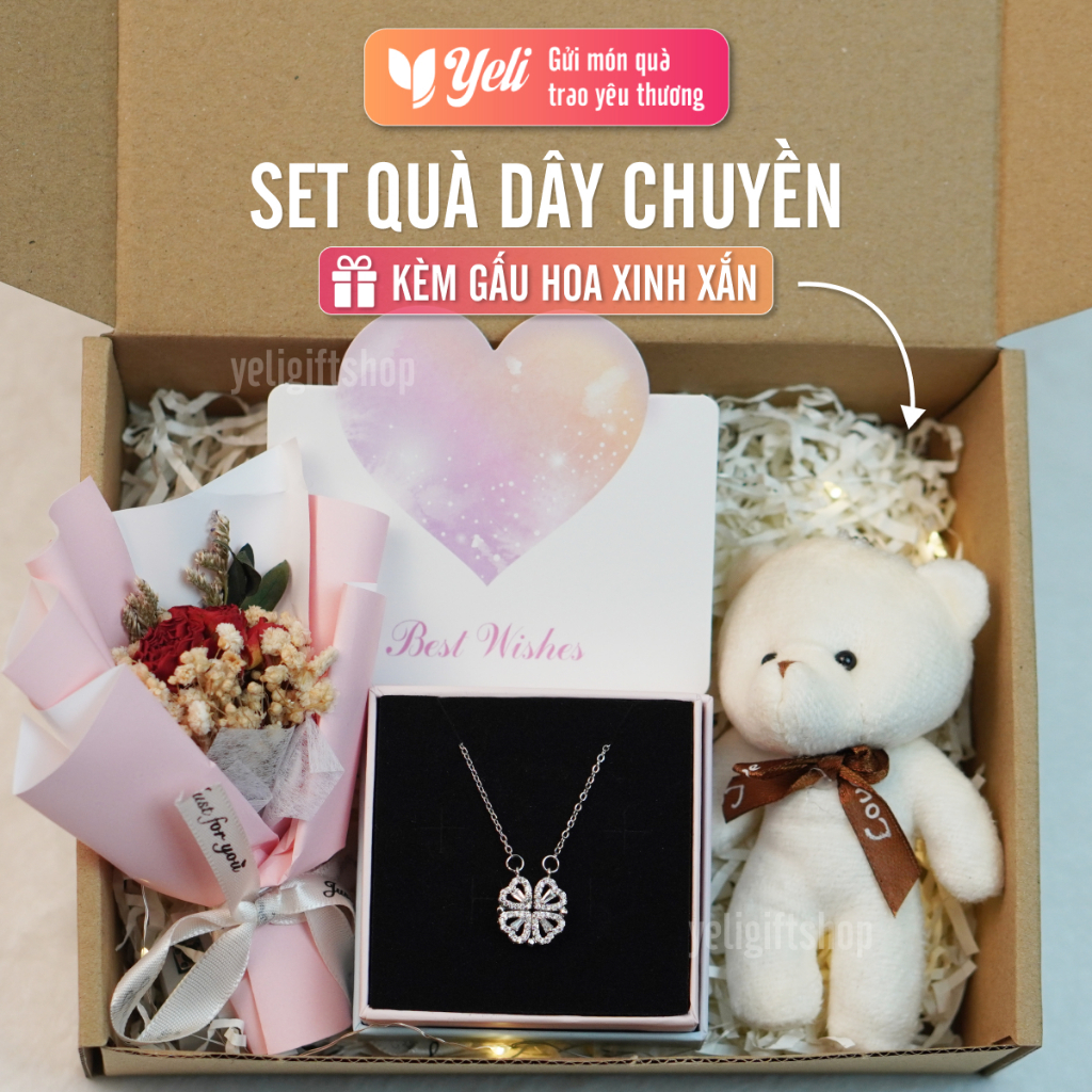 Set quà tặng người yêu, bạn thân, Set quà trang sức dây chuyền, vòng tay tặng bạn gái, Hộp quà trang sức hoa gấu