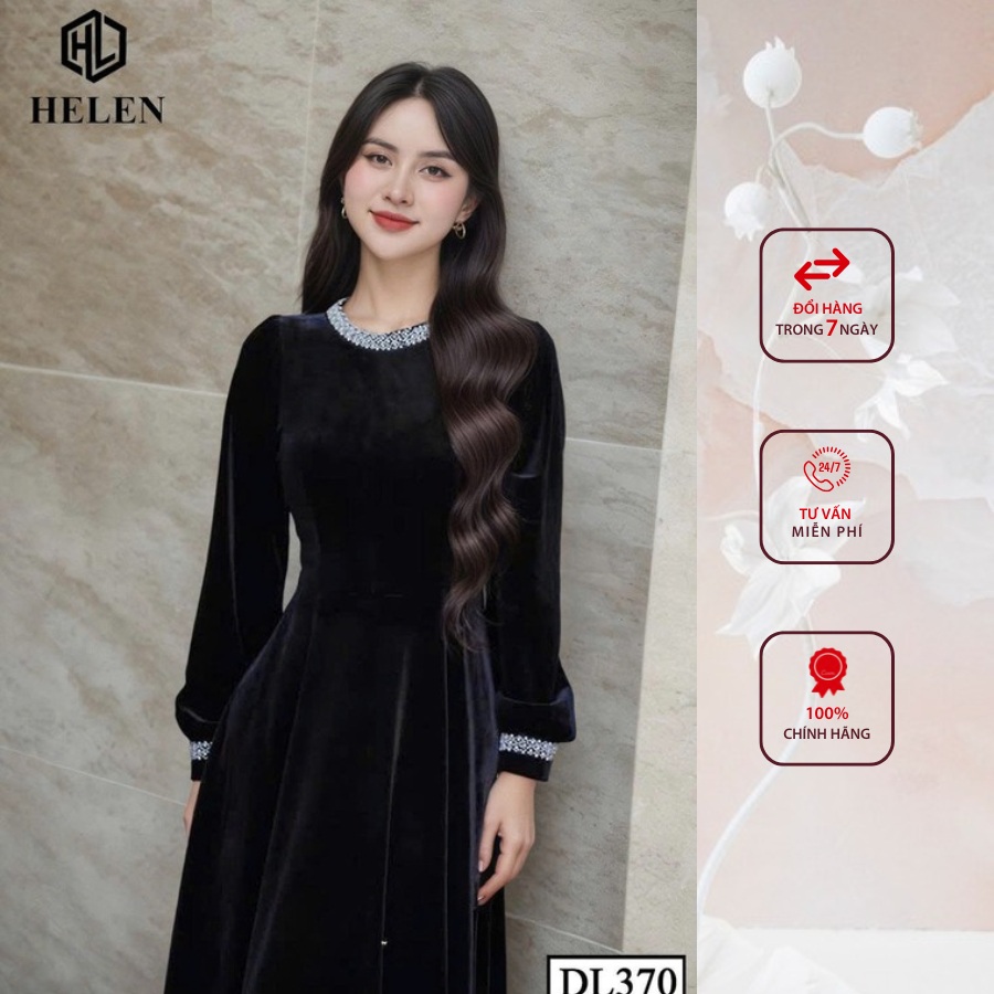 Đầm công sở HELEN thiết kế dáng xòe nhung đen phối cổ DL370