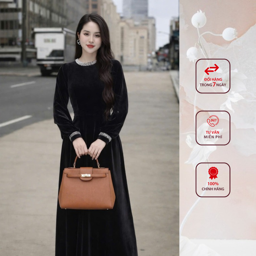 Đầm công sở HELEN thiết kế dáng xòe nhung đen phối cổ DL370