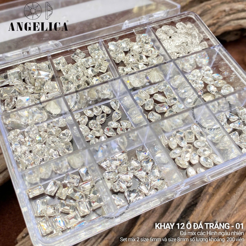 Khay Đá Khối ANGELICA Chân Vàng 12 Ô Mix Size ( 200 Viên ) Siêu Sáng,Không Bung Chân -Trang Trí Nail