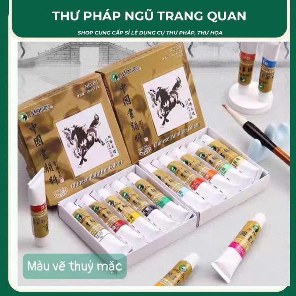 Bộ Màu vẽ quốc họa Maries – vẽ  màu nước, vẽ tranh thủy mặc tranh sơn thủy – công bút; hộp 12màu  loại 12ml
