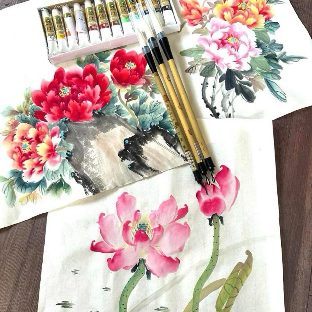 Bộ Màu vẽ quốc họa Maries – vẽ  màu nước, vẽ tranh thủy mặc tranh sơn thủy – công bút; hộp 12màu  loại 12ml