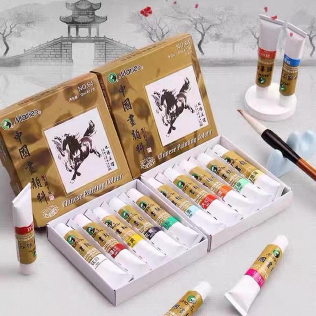 Bộ Màu vẽ quốc họa Maries – vẽ  màu nước, vẽ tranh thủy mặc tranh sơn thủy – công bút; hộp 12màu  loại 12ml