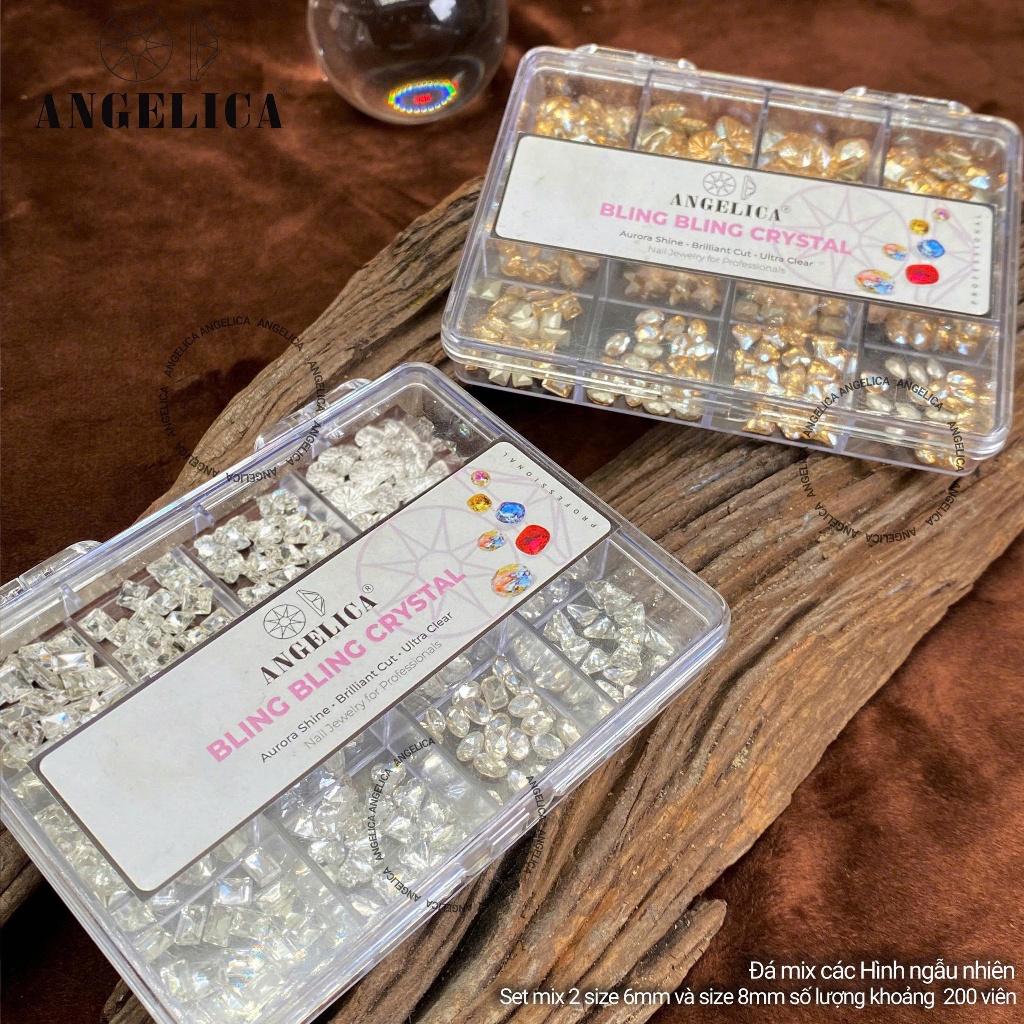 Khay Đá Khối ANGELICA Chân Vàng 12 Ô Mix Size ( 200 Viên ) Siêu Sáng,Không Bung Chân -Trang Trí Nail