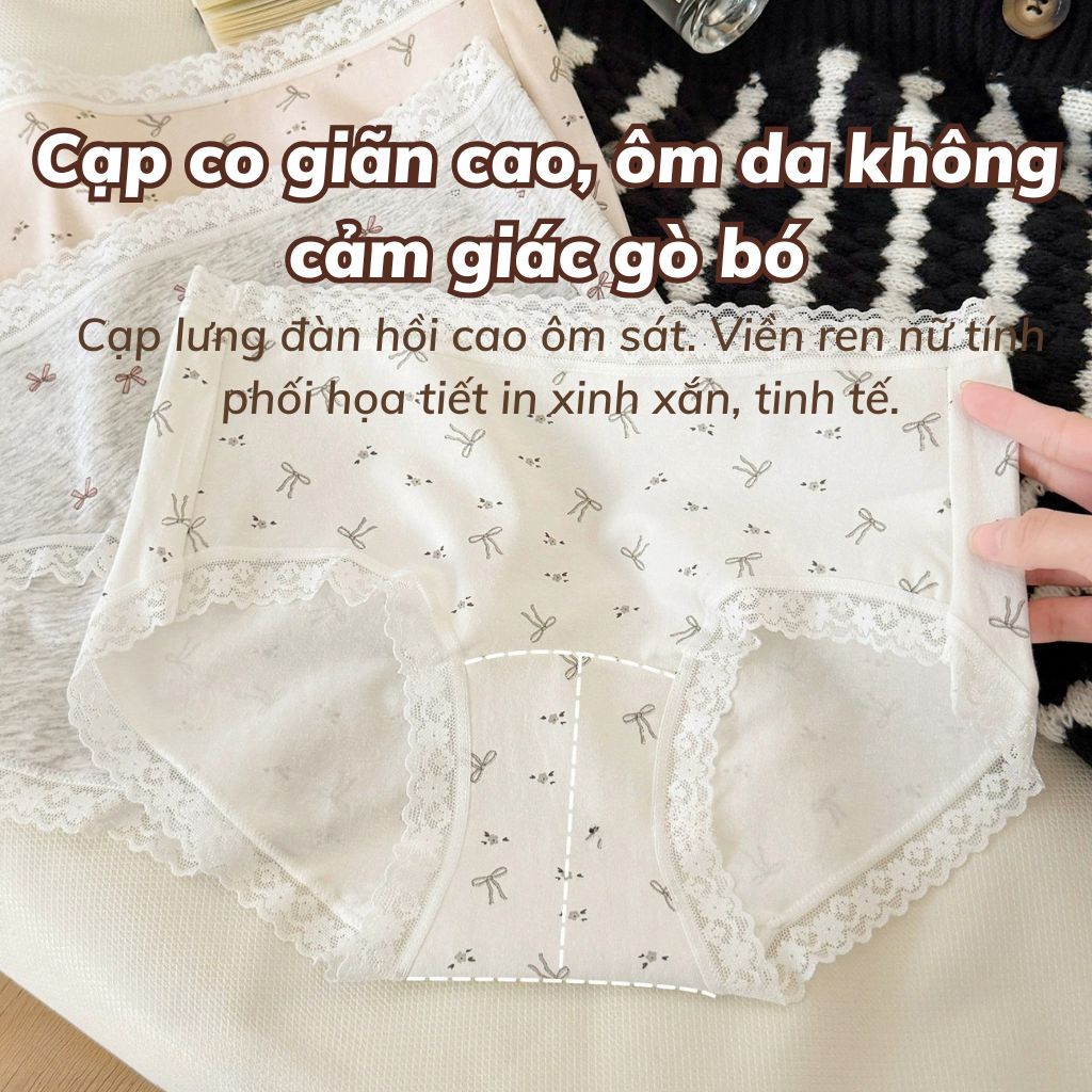 Quần lót nữ cotton cao cấp viền ren sang trọng xinh xắn cạp vừa tôn dáng đính nơ cute LANIXA L5228