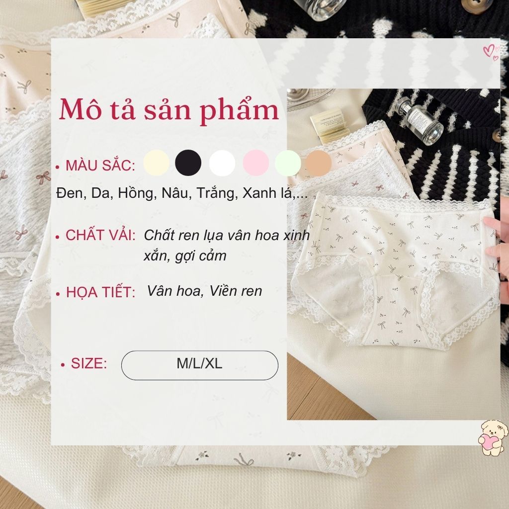 Quần lót nữ cotton cao cấp viền ren sang trọng xinh xắn cạp vừa tôn dáng đính nơ cute LANIXA L5228