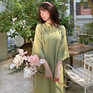 Set áo dài VÂN DU lụa trơn phối nơ cách điệu đính cúc bọc kèm quần lụa satin HAVANA AD94