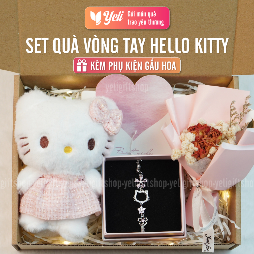 Set quà trang sức vòng tay tặng bạn gái, người yêu kèm Hoa Gấu Hello Kitty, Set quà trang sức Hoa Gấu dễ thương