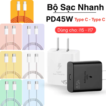 PD45W Type C to Type C Bộ Sạc Nhanh - Cáp sạc nhanh dài 1m Công sạc C to C45W+ Đầu sạc nhanh 45W-Sạc cho i15-i17&Android