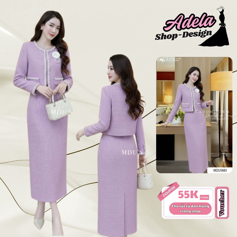 Set Dạ Tweed ADELA DESIGN Thiết Kế Cao Cấp Gam Tím Thanh Lịch Đính Ngọc Tay Dài Chân Váy MDU5885