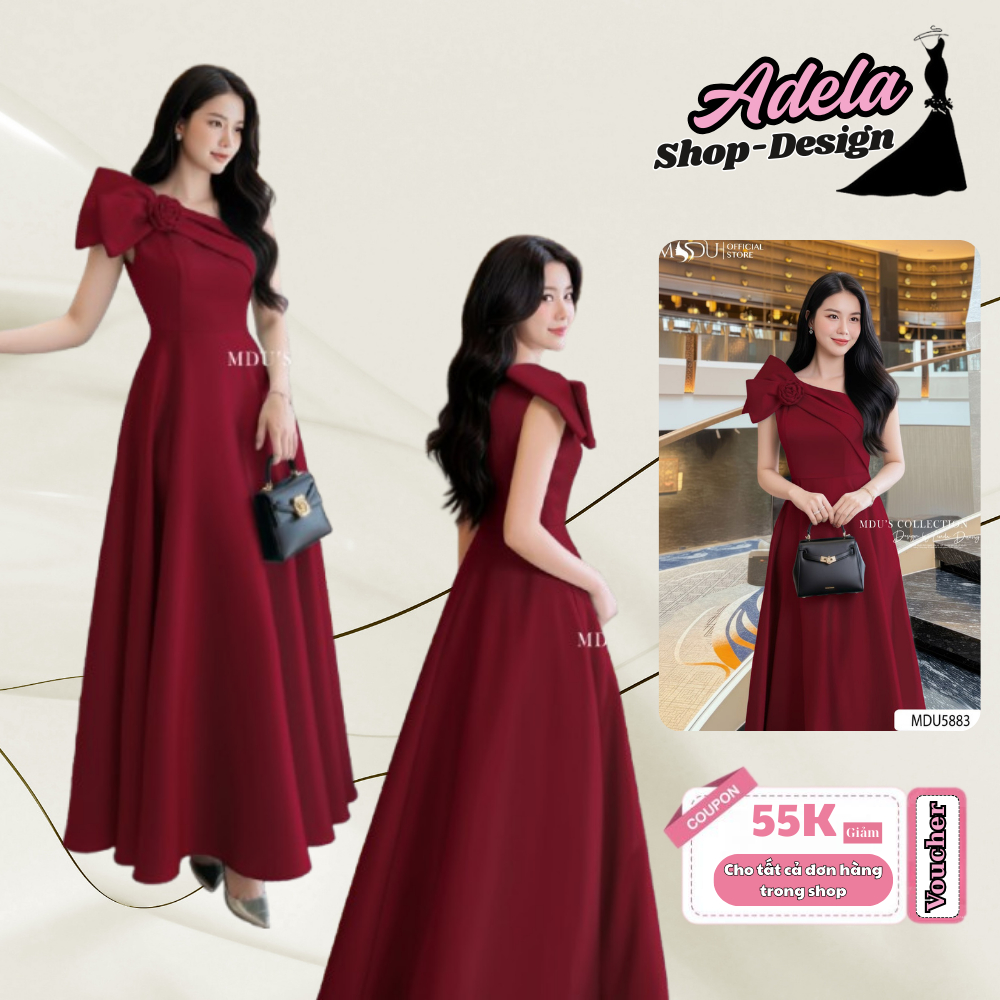 Váy Lụa Twist Satin ADELA DESIGN Thiết Kế Lệch Vai Gam Đỏ Đô Sang Trọng Dáng Xòe Dài MDU5883