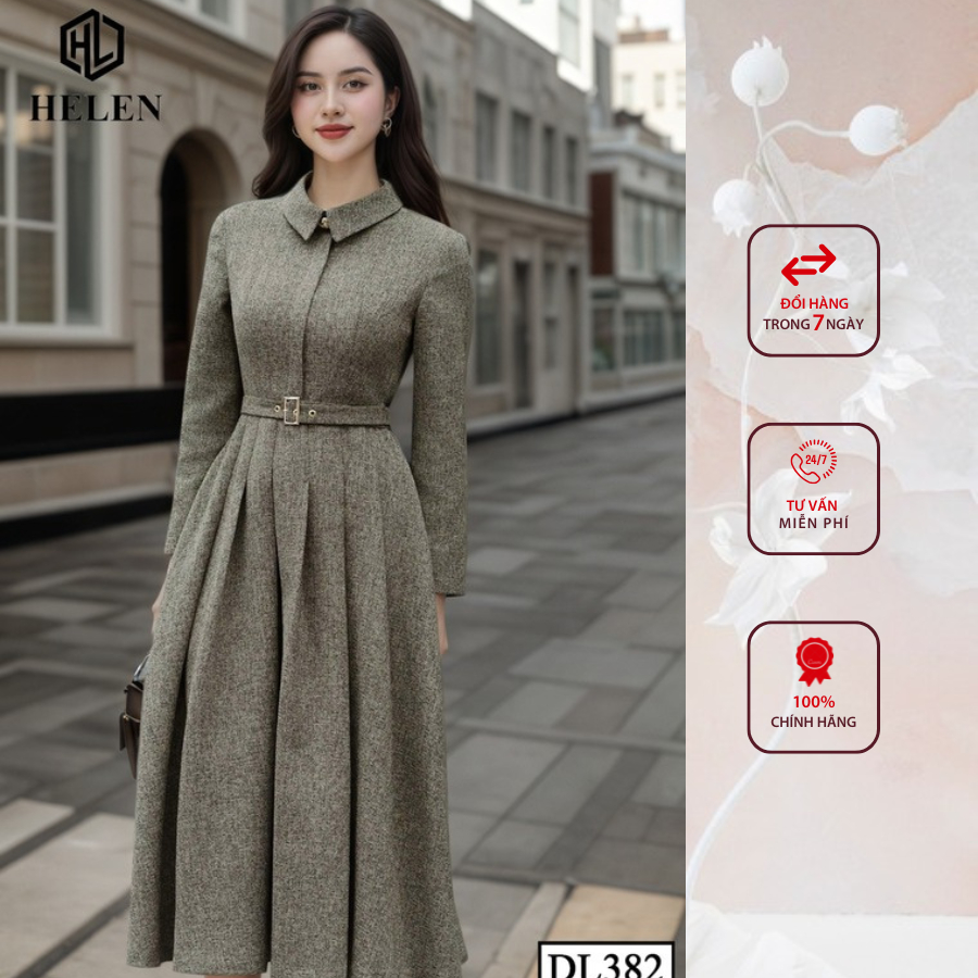 Đầm liền công sở HELEN thiết kế dáng xòe màu nâu rêu cổ đức + kèm đai DL382
