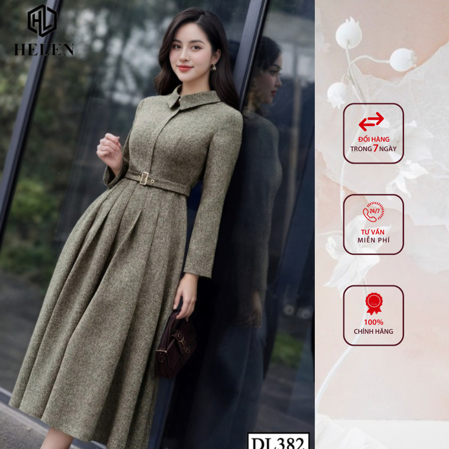 Đầm liền công sở HELEN thiết kế dáng xòe màu nâu rêu cổ đức + kèm đai DL382