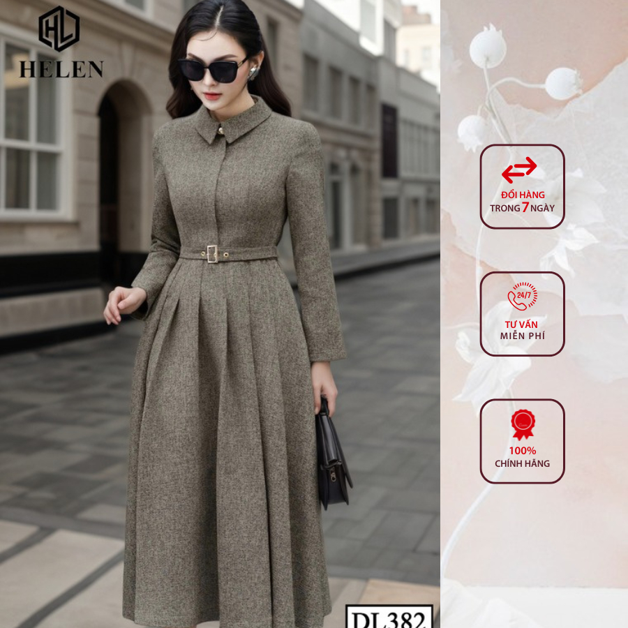 Đầm liền công sở HELEN thiết kế dáng xòe màu nâu rêu cổ đức + kèm đai DL382