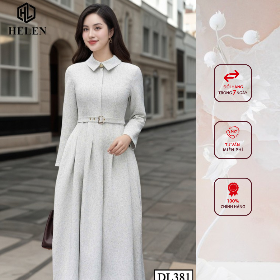 Đầm liền công sở HELEN thiết kế dáng xòe màu nâu rêu cổ đức + kèm đai DL382